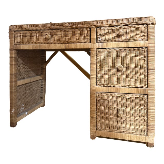 Vintage Wicker Boho Chic Desk With Drawers For Sale