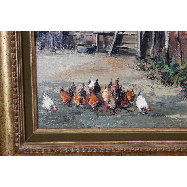 Oil on canvas depicting a farmyard with chickens, signed lower right F. Claude, 20th century, circa 1950, dimensions...