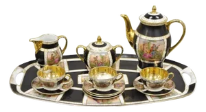 Royal Vienna Style Bohemia Czecho-Slovakia Black Porcelain Tea Set - 12 Pieces