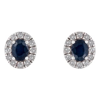 Classic Oval Blue Sapphire & Diamond Halo Stud Earrings in 14k Solid Gold- A Pair For Sale