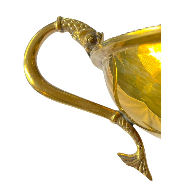 Gold Large Vintage Solid Brass Dolphin Handle Compote Footed / Pedestal Bowl in the Style of Sherle Wagner Palm Beach Regency For Sale - Image 8 of 13