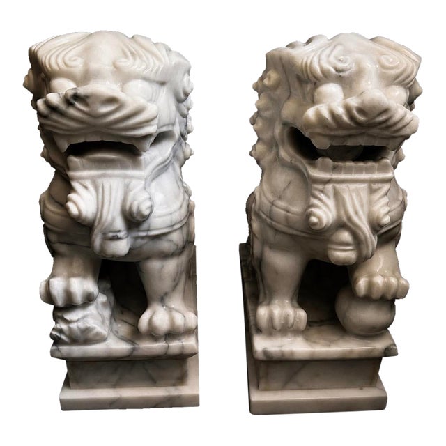 Monumental Hand-Carved Japanese Marble Guardian Lions (Komainu) – Matching Pair For Sale