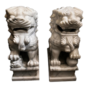 Monumental Hand-Carved Japanese Marble Guardian Lions (Komainu) – Matching Pair