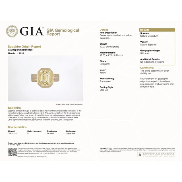 1950s Gia 8.00 Carat Ceylon No Heat Yellow Sapphire 18k Yellow Gold Bezel Set Ring, Size 6 For Sale In Los Angeles - Image 6 of 7