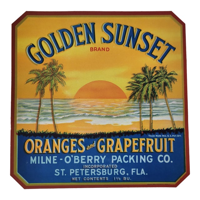 1930s 'Golden Sunset Brands Oranges & Grapefruit' Florida Fruit Crate Label For Sale
