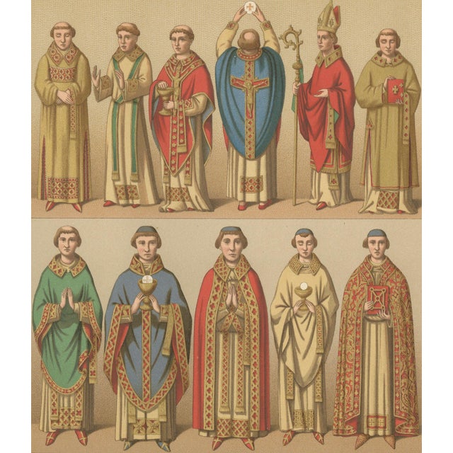 Gold Racinet, Gothic Vestments: Medieval European Clergy Costumes, 1888, Chromolithograph For Sale - Image 8 of 9