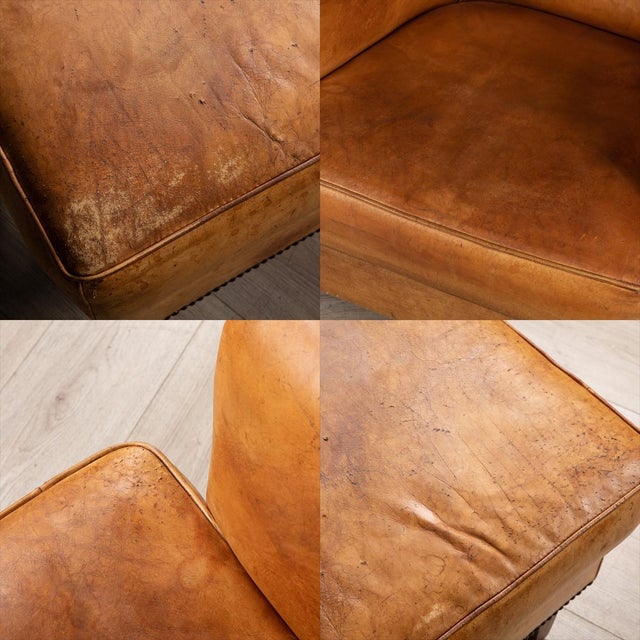 Tan Set of 20th Century Dutch Sheepskin Leather Tub Chair & Footstool For Sale - Image 8 of 13