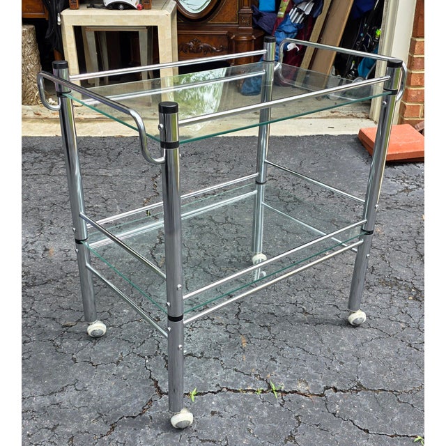 Metal “1980s Modernist Chrome Tubular Glass Serving Cart or Bar Trolley For Sale - Image 7 of 11