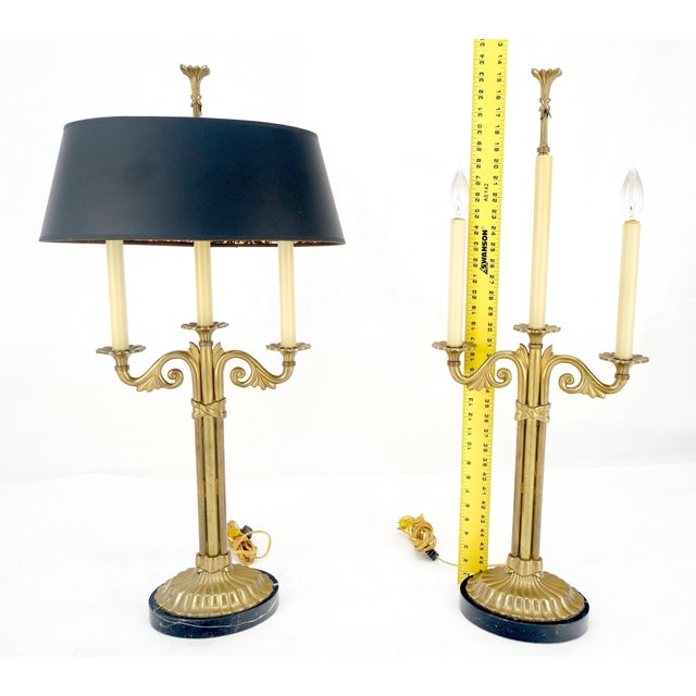 Pair of Solid Brass & Marble Candelabra Style Table Lamps w/ Matching Shades For Sale - Image 9 of 12