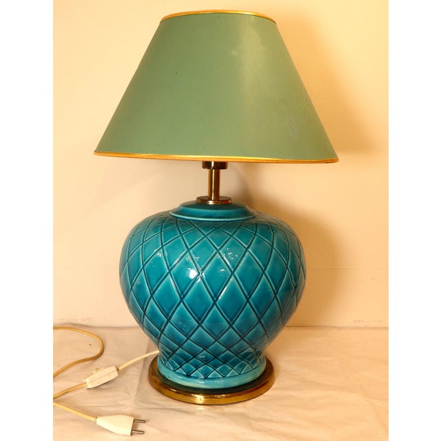 Gold Table Lamp with Turquoise Ceramic Base, 1970s For Sale - Image 8 of 8