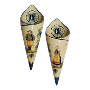Mid 20th C French HenRiot Quimper Wall Pockets - a Pair