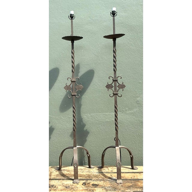 Vintage Twisted Wrought Iron Floor Lamps - A Pair For Sale - Image 11 of 12