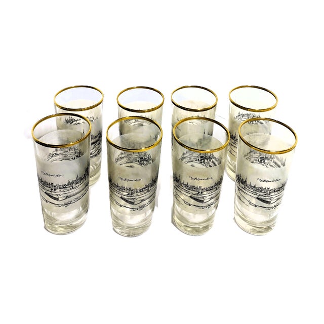 1960s Vintage Gold Rim European Cityscape Highball Glasses – Set of 8 Schweinfurt Frosted Mid-Century Barware For Sale - Image 5 of 12