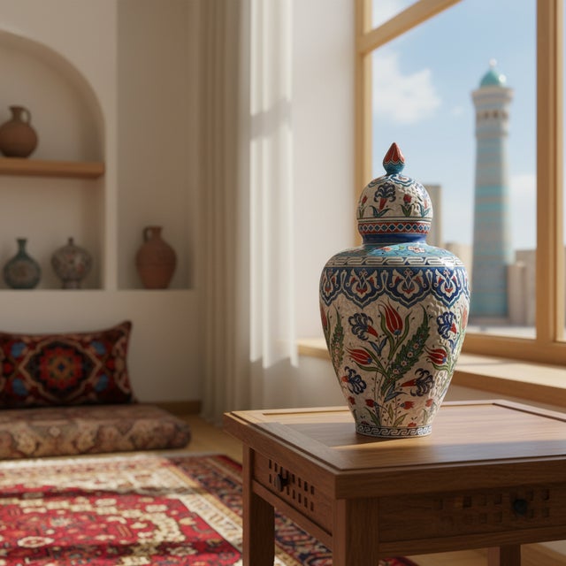 2020s Handmade Ceramic Vizier Jar (30cm) Carved Relief Texture and Ottoman Red Tulips For Sale - Image 5 of 8