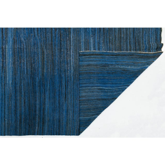 Contemporary Modern Handmade Deep Indigo Wool Kilim Rug – Minimalist Contemporary Flatweave For Sale - Image 3 of 12