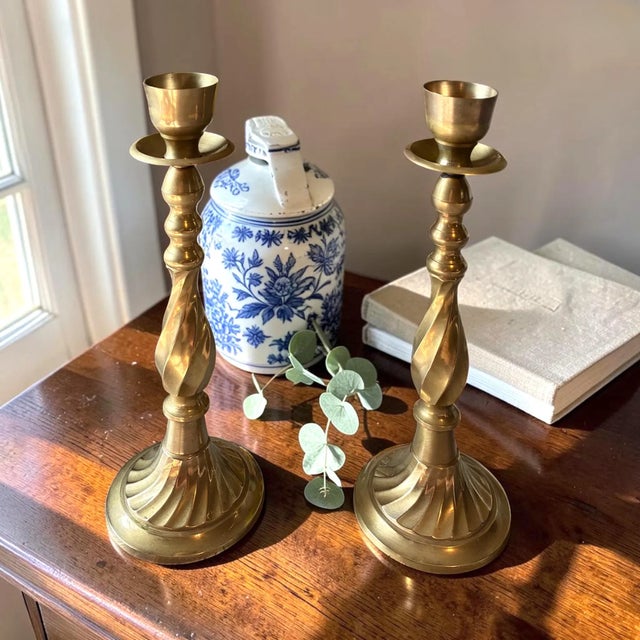 1980s Vintage 13" Solid Brass Candlesticks – Pair | Tall Twisted Brass Taper Candle Holders | English Country | Traditional Decor For Sale - Image 5 of 8