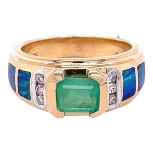 0.76CT Colombian Emerald and Inlaid Opal 14k Yellow Gold Ring, Size 7