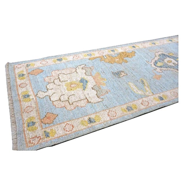 Textile 21st Century Turkish Oushak Wool 2x9 Gold, Light Blue & Ivory Handmade Runner Rug #1144117 For Sale - Image 7 of 10