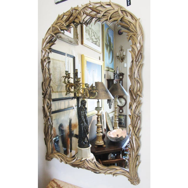 Hollywood Regency Rare Large Cattail Circa 1960s Italian Hand Carved Wood Mirror, Hollywood Regency For Sale - Image 3 of 8