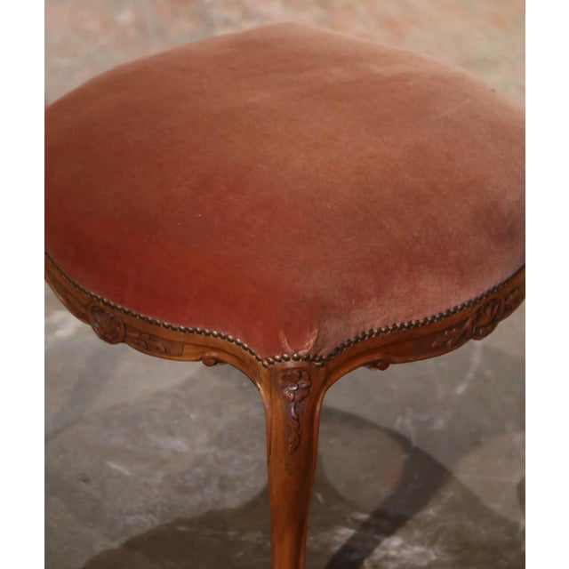 Title: Early 20th Century French Louis XV Walnut Stool With Velvet Seat For Sale - Image 4 of 9