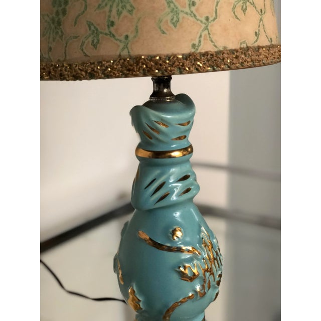Mid Century Turquoise and Gold Table Lamp With Original Floral Shade For Sale In Atlanta - Image 6 of 8