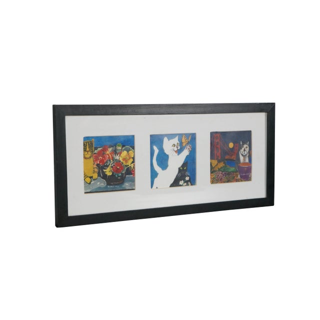 Contemporary Late 20th Century Vintage Peruvian Elden-Rosi San Francisco Cats Triptych Watercolor Painting 21", Framed For Sale - Image 3 of 11