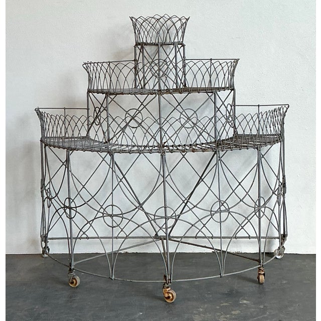 Oyster Gray Vintage Trellis Wrought Iron Plant Stand For Sale - Image 8 of 12