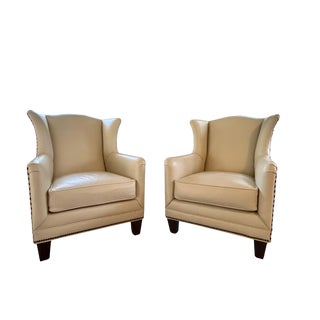 Pair of Vintage Henredon Leather Wingback Chairs – Ivory Leather, Geometric Upholstery, Nailhead Trim For Sale