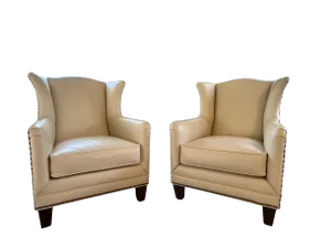 Pair of Vintage Henredon Wingback Chairs – Ivory Leather, Geometric Pattern, Nailhead Trim