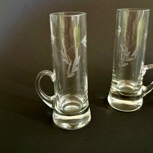 Mid-Century Modern Vintage Shot Glasses With Handle Blown Glass Etched Floral Limoncello or Vodka Glasses - Set of 4 For Sale - Image 3 of 6