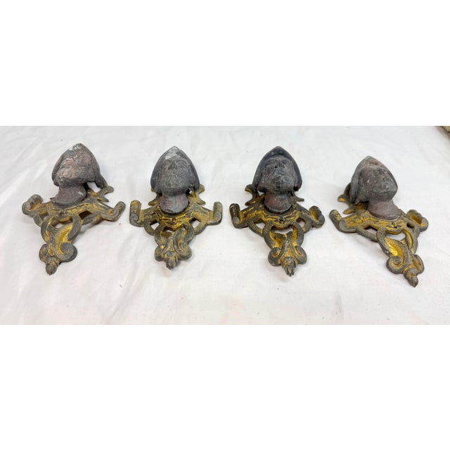 4 Antique Ornate Victorian Face Gilt Bronze Metal Salvage Hardware Appliques For Sale - Image 9 of 9
