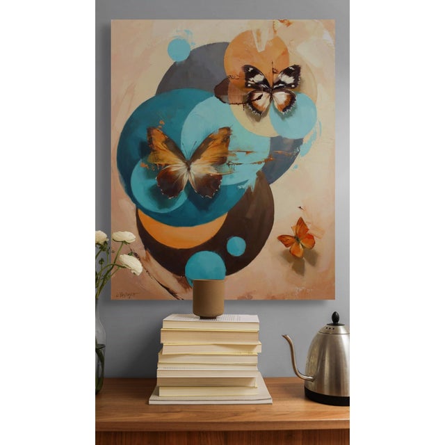 Kaleidoscope #1 by Lindsey Kustusch | Oil on Wood Panel Abstract composition with butterflies and circles. For Sale - Image 4 of 5