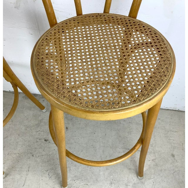 Late 20th Century Pair Vintage Thonet Style Cane Seat Barstools For Sale - Image 5 of 13