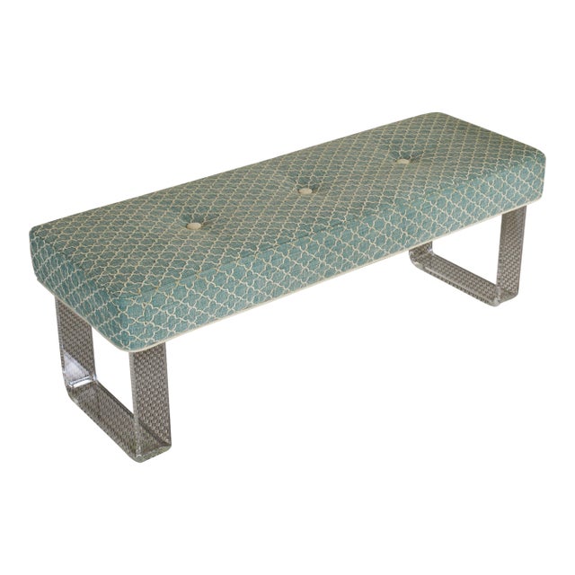 Waterfall Lucite & Green Chenille Bench For Sale