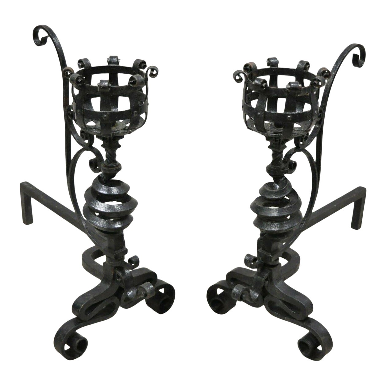 Arts & Crafts Gothic Cast Iron Spiral Scrollwork Fireplace Andirons - a ...