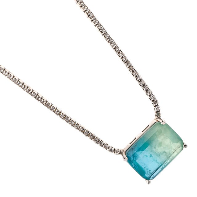 Metal Paraiba Tourmaline Diamond Chain Happy Necklace For Sale - Image 7 of 10