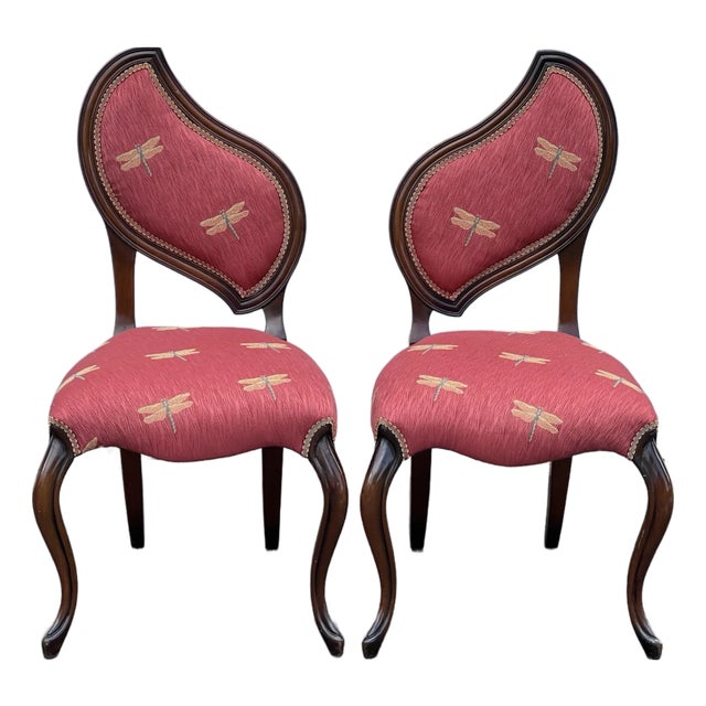 Pair of French Louis XV Style Balloon Back Chairs, Dragonfly Upholstery, Walnut Finish a Pair For Sale