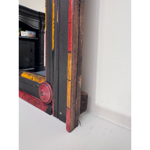 Vintage Tribal Folk Art Painted Wood Wall Mirror in Black, Red & Yellow For Sale - Image 12 of 13
