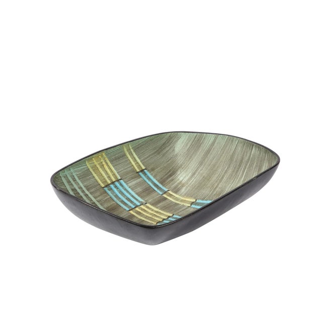 Mid-Century Modern Hand Painted Ceramic Bowl With Aqua & Flaxen Yellow Accents For Sale - Image 13 of 13