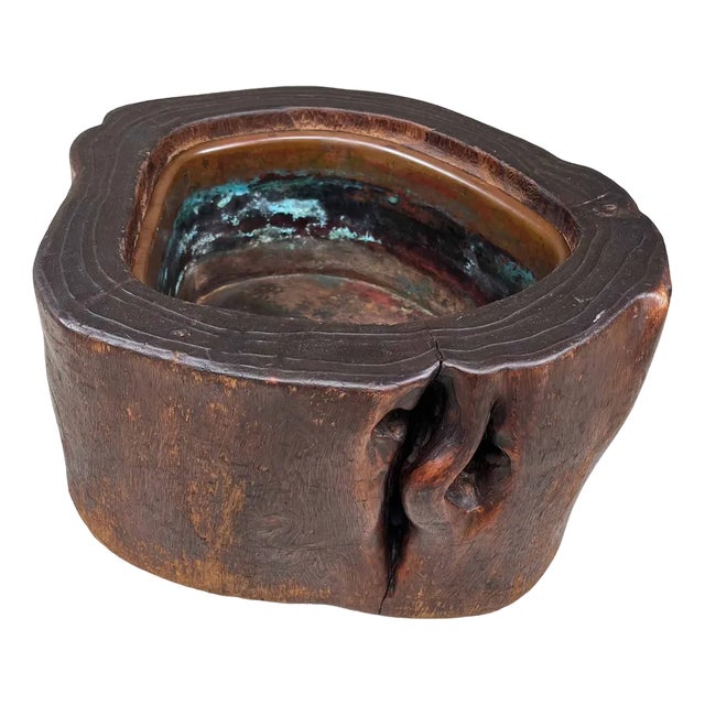 Meiji Period Tree Trunk Hibachi in Wood & Copper, Japan, 1912 For Sale