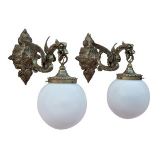 1950s Spanish Gothic Revival Brass Dragon Wall Sconces With Opal Glass Shades - A Pair For Sale