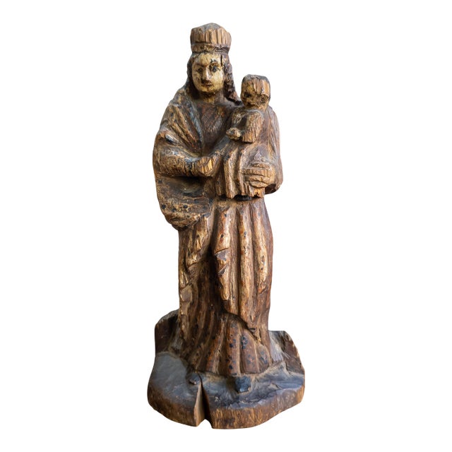 19th Century Spanish Colonial Religious Carved Santos Figure of the Madonna and Child For Sale