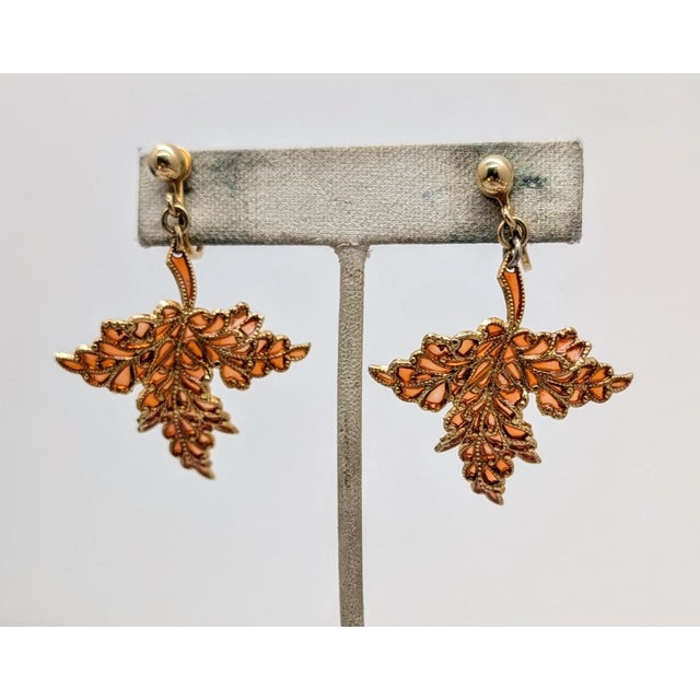 Napier Vintage Signed Napier Goldtone Orange Plique-A-Jour Leaf Dangle Clip Earrings-2 Pieces For Sale - Image 4 of 9