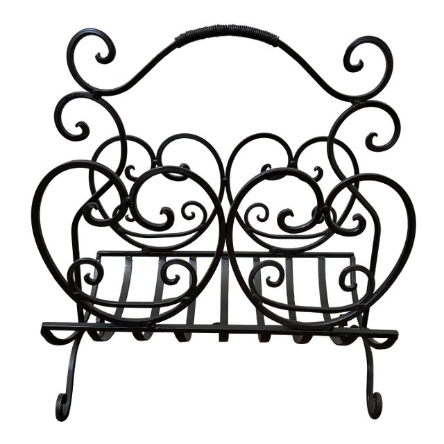 Vintage Wrought Iron Scroll Magazine Rack | Tuscan & Mediterranean Style For Sale