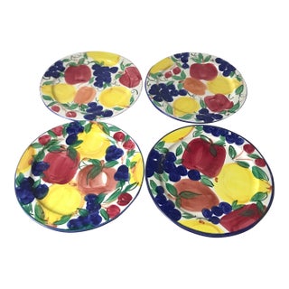 Rustic Hand Painted Ceramic Fruit Dinner Plates - Set of 4 For Sale