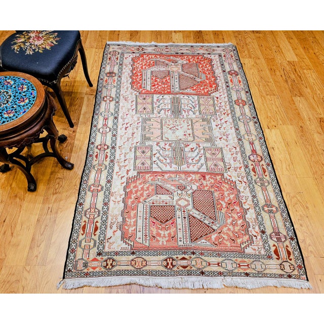 Beige Vintage Persian Shahsavan Soumak Tribal Rug, Handwoven Wool & Silk, Geometric Pattern, Ivory & Red, 4x7 For Sale - Image 8 of 18