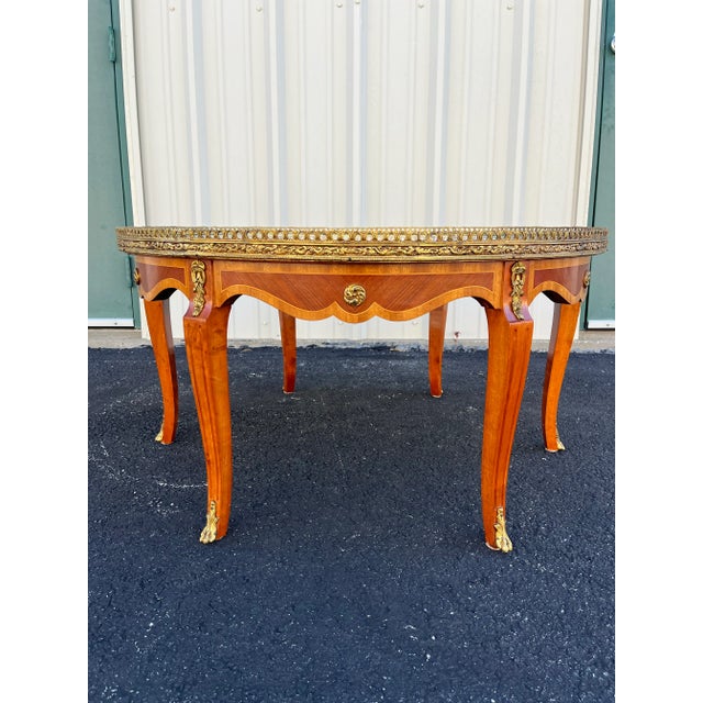 Banded Mahogany Marble Top Coffee Table With Brass Gallery- Spain, Mid 1900s For Sale - Image 4 of 12
