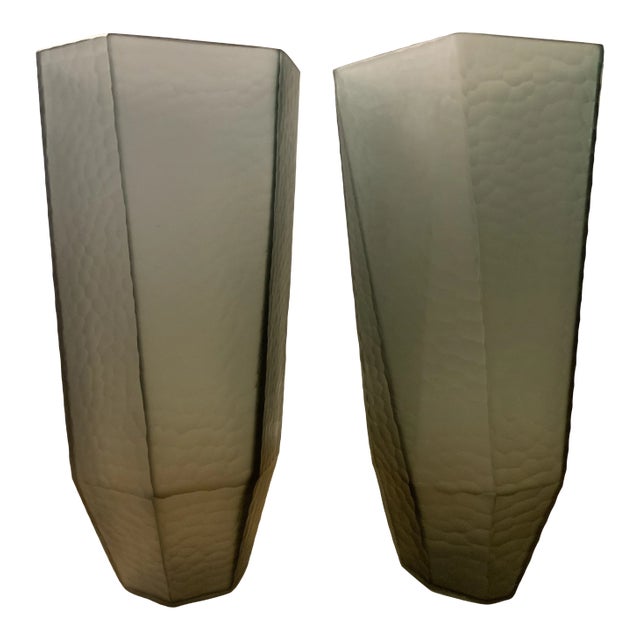 Gray Stacked Cuts Glass Vases - a Pair For Sale