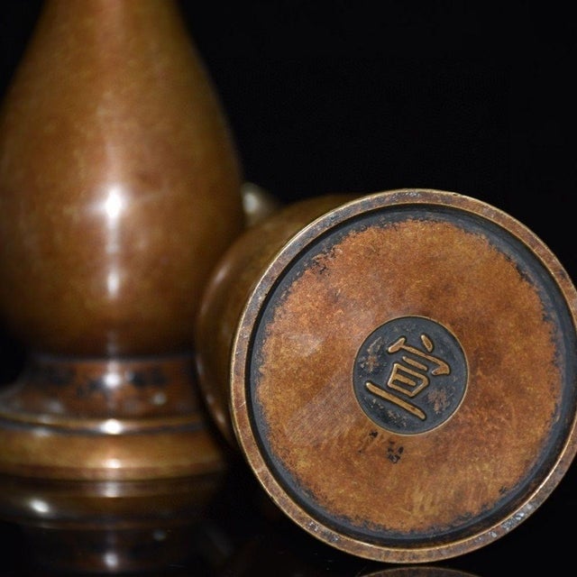 Vintage Pair Solid Copper Tall Candlesticks, Elegant Pear Shape Stemmed Candle Holders, Chinoiserie Matching Altar Set For Sale - Image 4 of 9