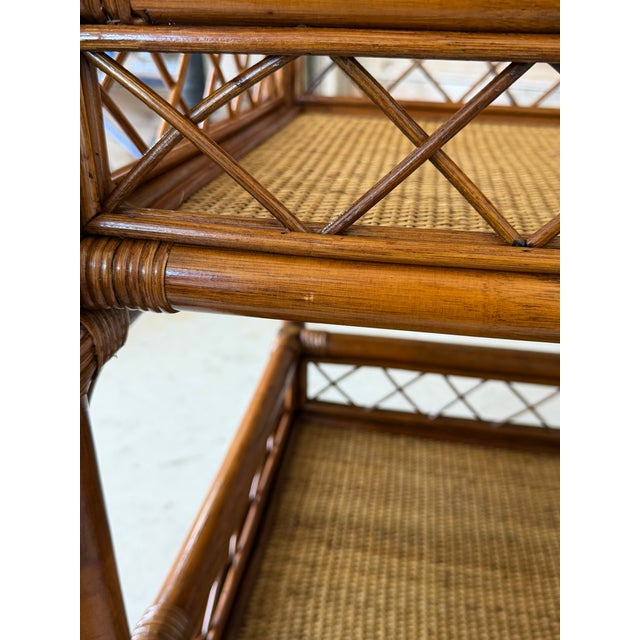1980s Vintage Refinished Coastal Rattan Two-Tier Bar Cart With Bottle Holders on Casters For Sale - Image 5 of 12